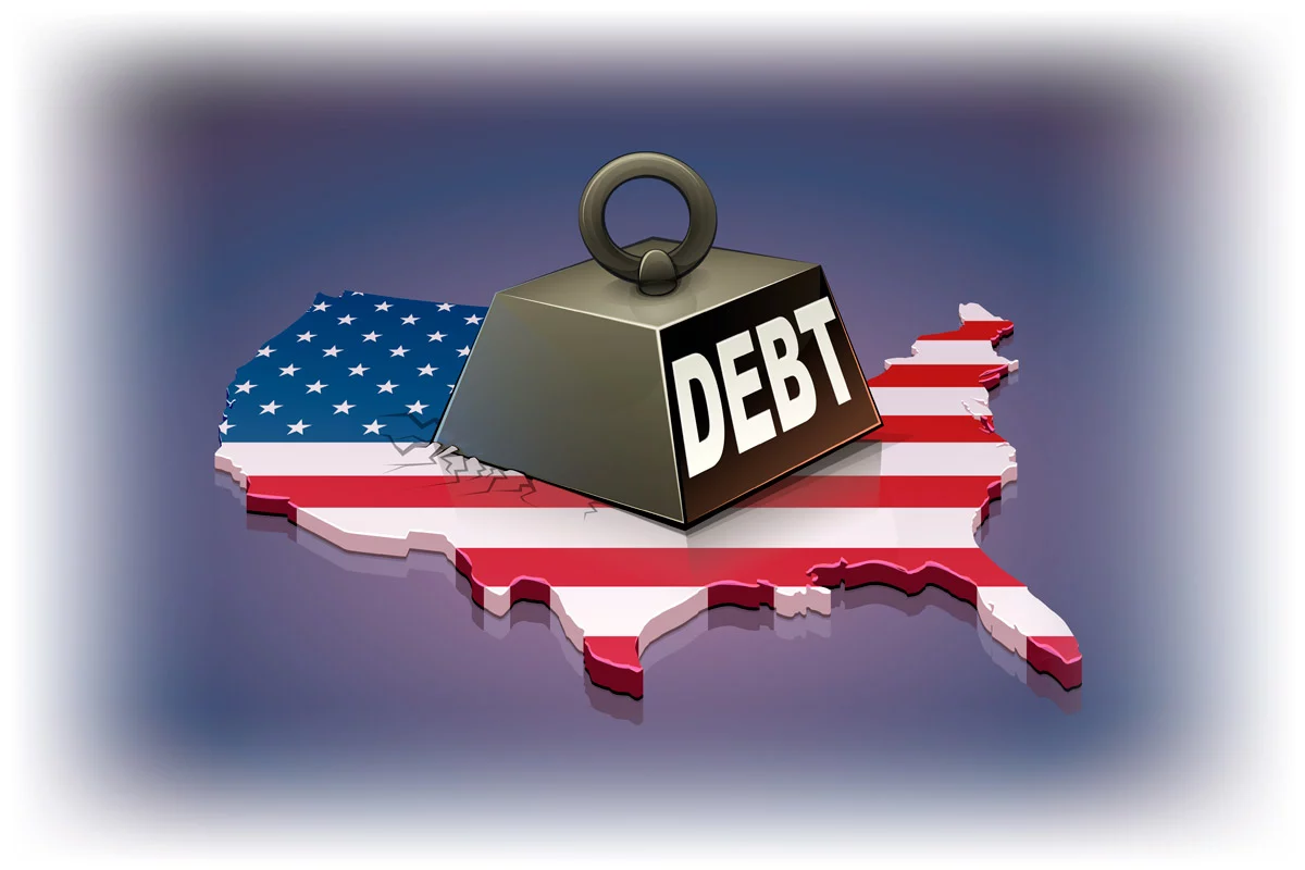 Map of United States colored as American flag with weight labeled DEBT