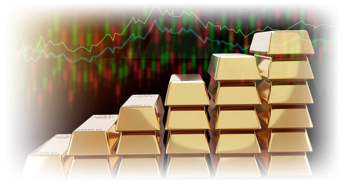 Increasingly large stacks of gold bars under stock data chart