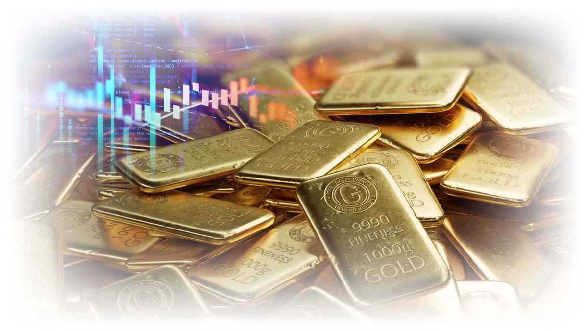 Pile of gold bars below stock data chart