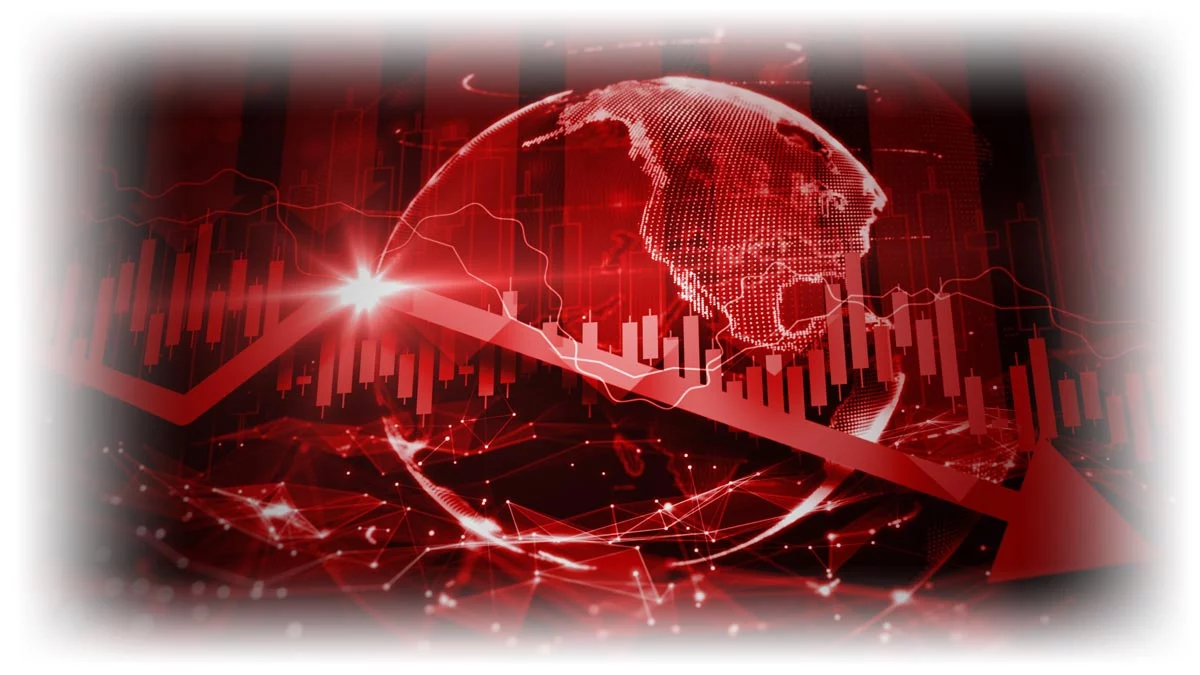 Red image of Earth behind downward-trending red arrow and data chart