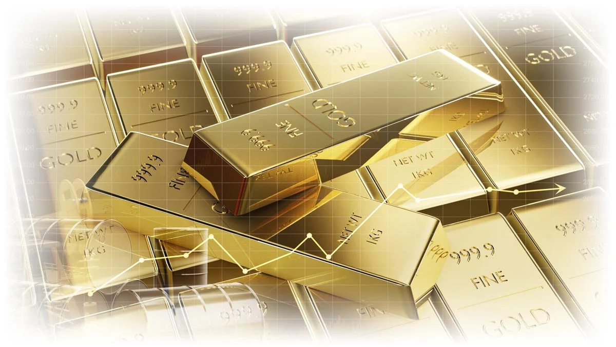 Upward-trending line chart over image of gold bars