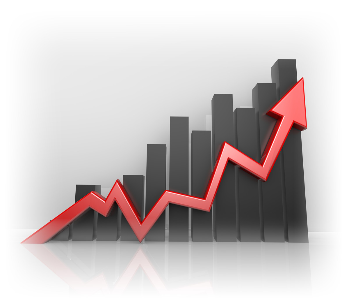 3D bar chart showing growth with red arrow rising
