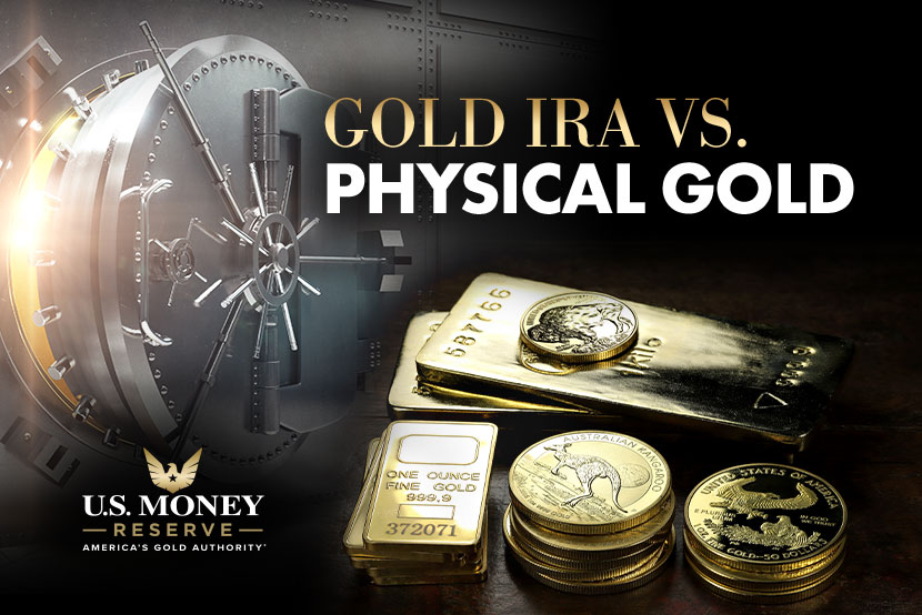 Gold bars and coins next to a vault with text "Gold IRA Vs. Physical Gold"