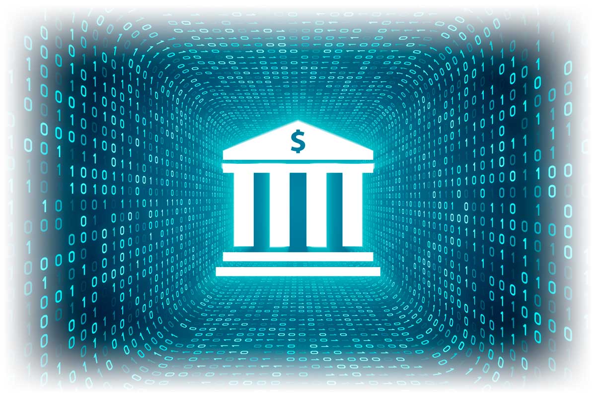 Bank symbol and dollar sign surrounded by ones and zeroes