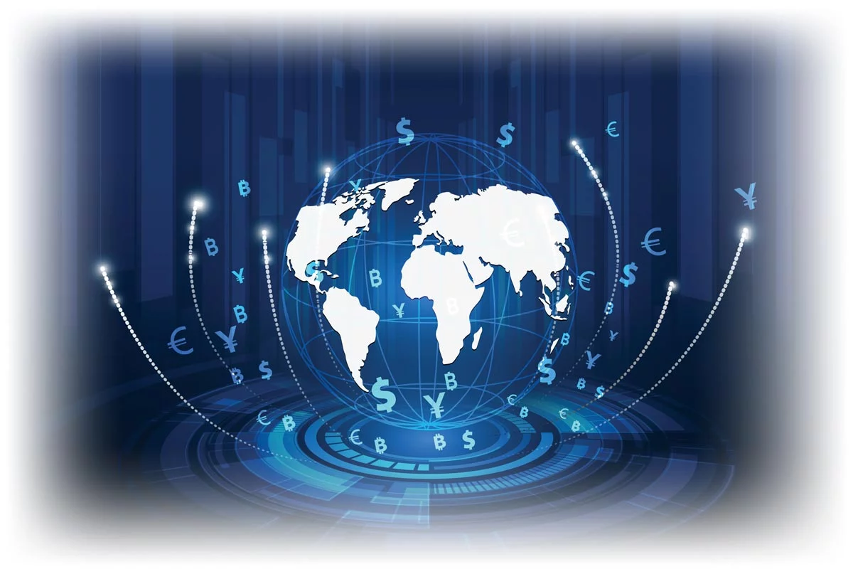 Globe surrounded by symbols for currencies and cryptocurrencies