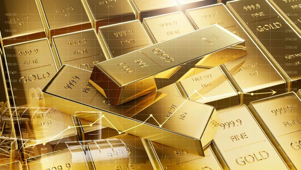 Upward-trending data chart over image of gold bars