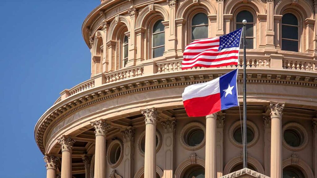 American and Texas flags in front of Texas Capitol