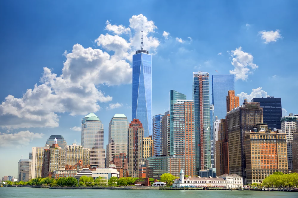 Lower Manhattan skyline along the water