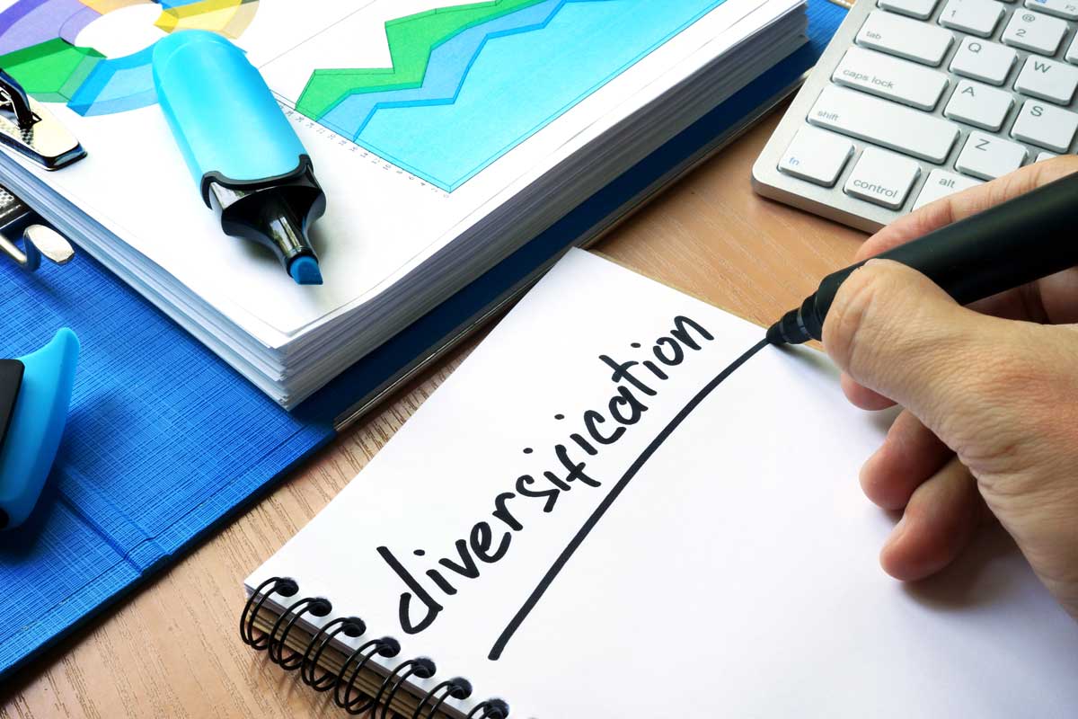 Notebook with hand underlining word "diversification"