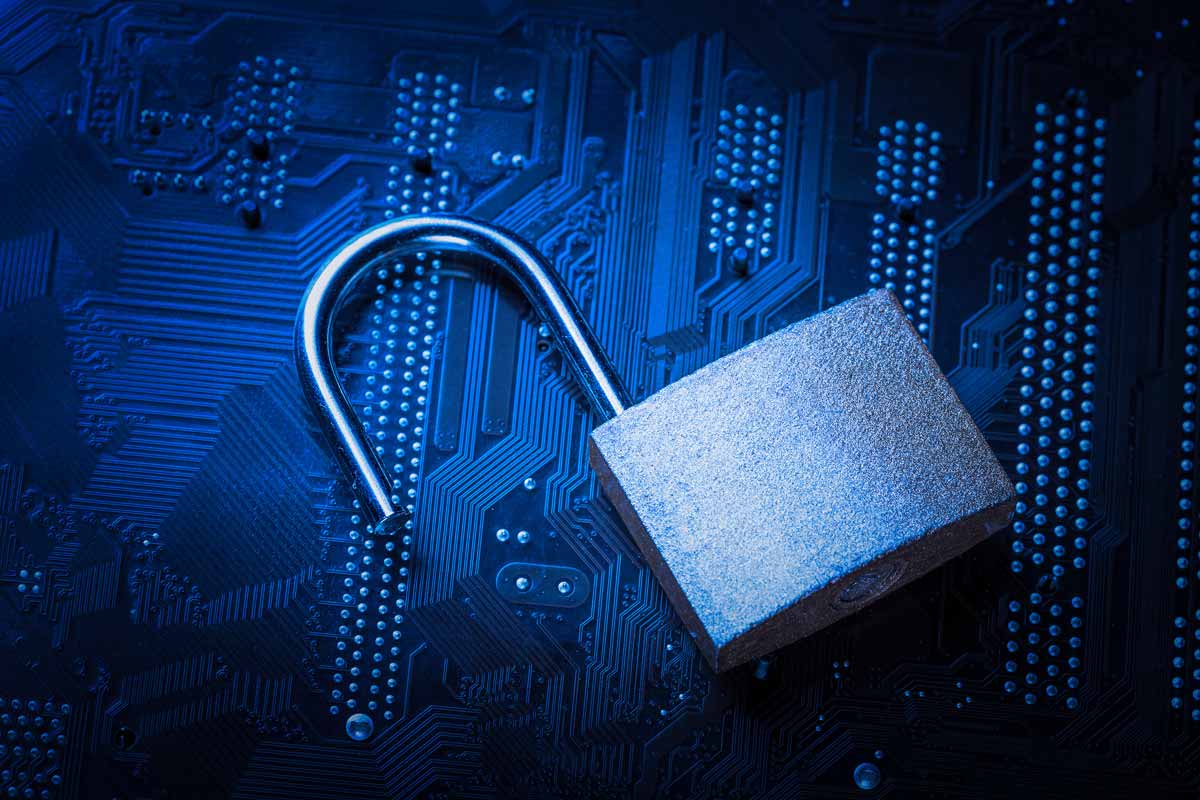 Open padlock on computer motherboard