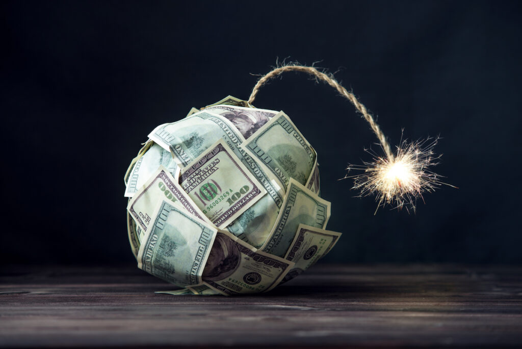 Lit bomb made out of $100 notes