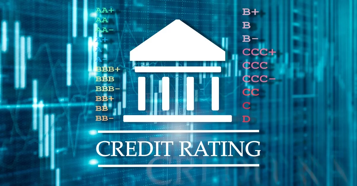 Bank graphic with "CREDIT RATING" and letter grades