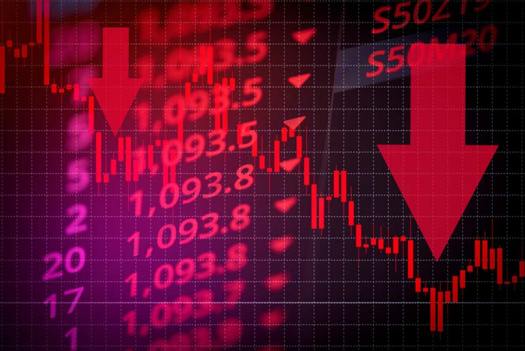 Negative-trending stock data with red downward arrow