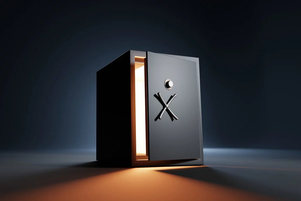 Open safe with light shining from the inside