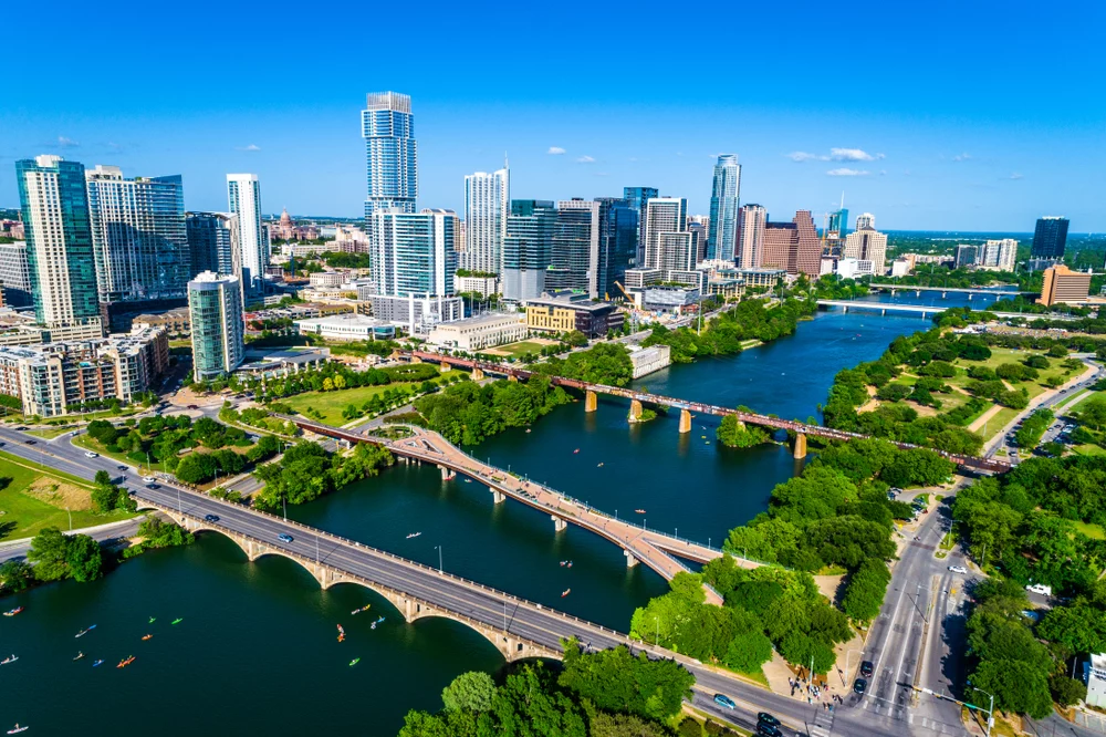 Austin, Texas skyline, river, and bridges
