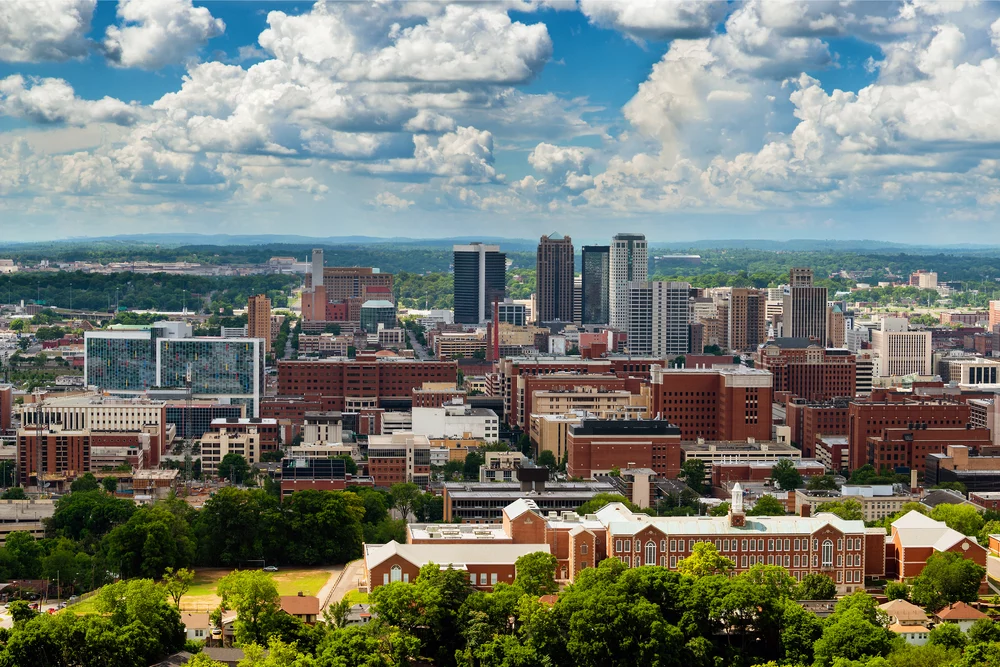 A view of the Birmingham, Alabama city skyline and surrounding hills
