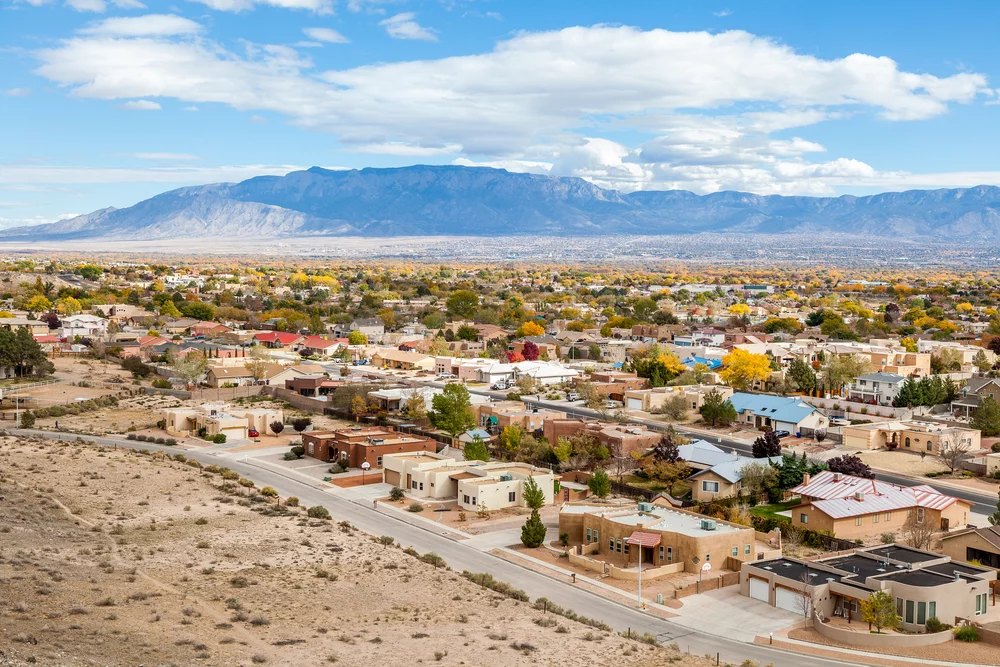 A residential area and surrounding mountains in Albuquerque, New Mexico