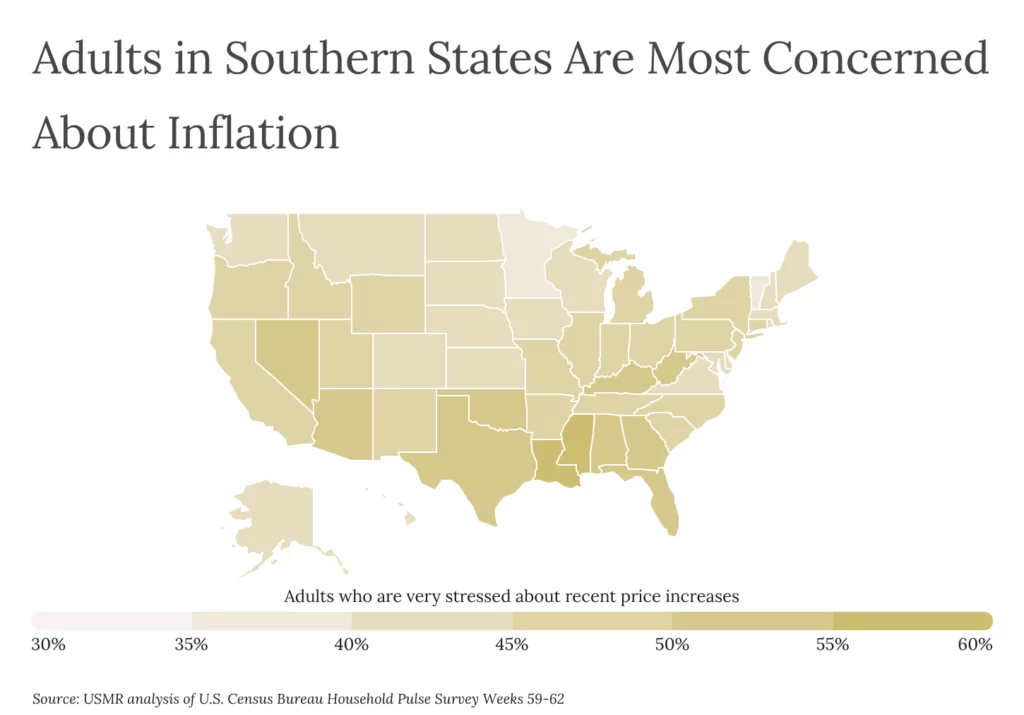 A map showing that adults in southern states are most concerned about inflation