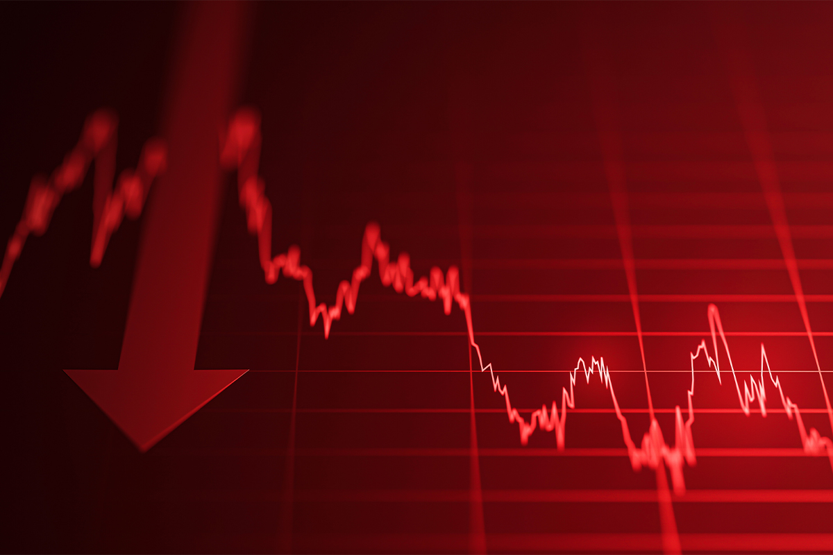 Red image of downward-trending data with downward red arrow