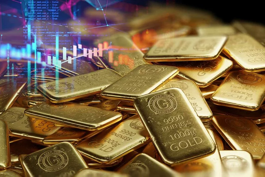 Pile of gold bars with data chart