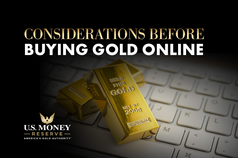 Gold bars on top of a keyboard with text "considerations before buying gold online"