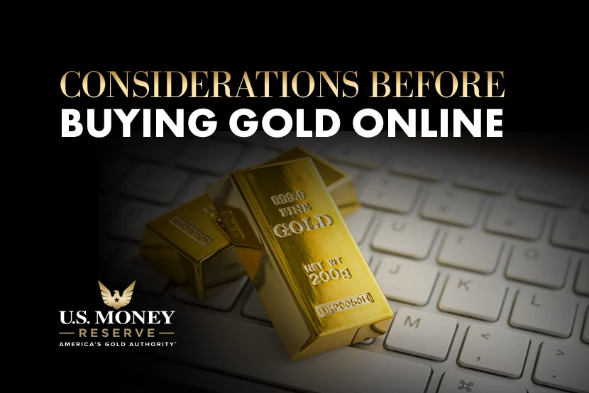 Gold bars on top of a keyboard with text "considerations before buying gold online"