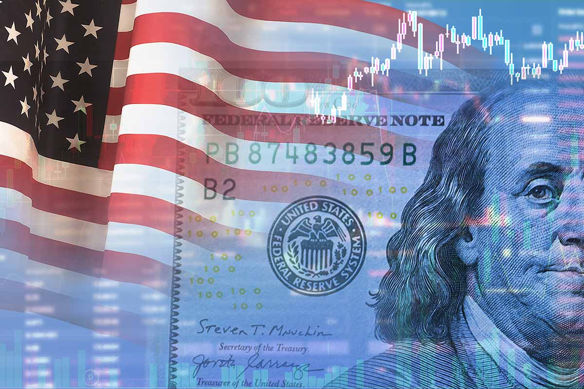 U.S. flag, $100 note, and stock data