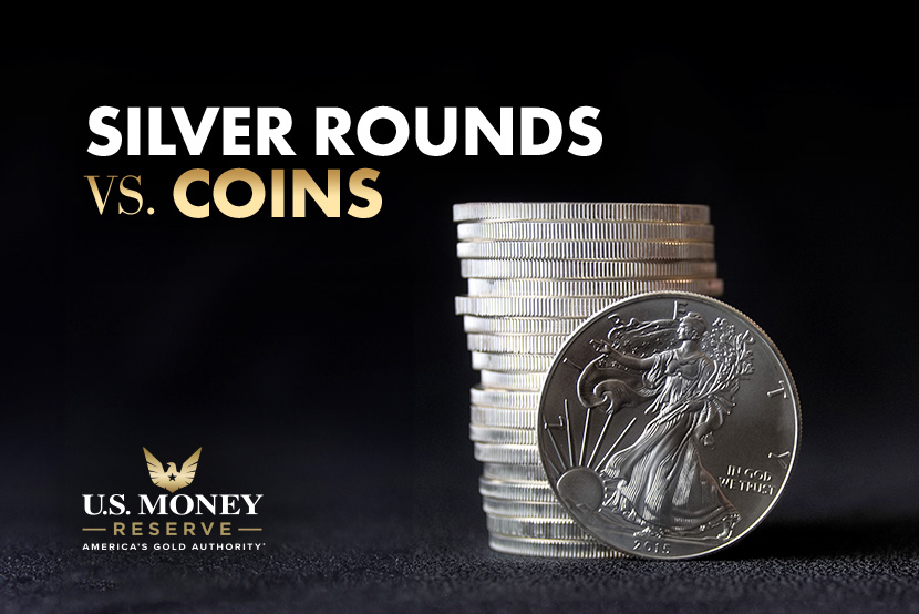 Silver coin with text "silver rounds vs coins"