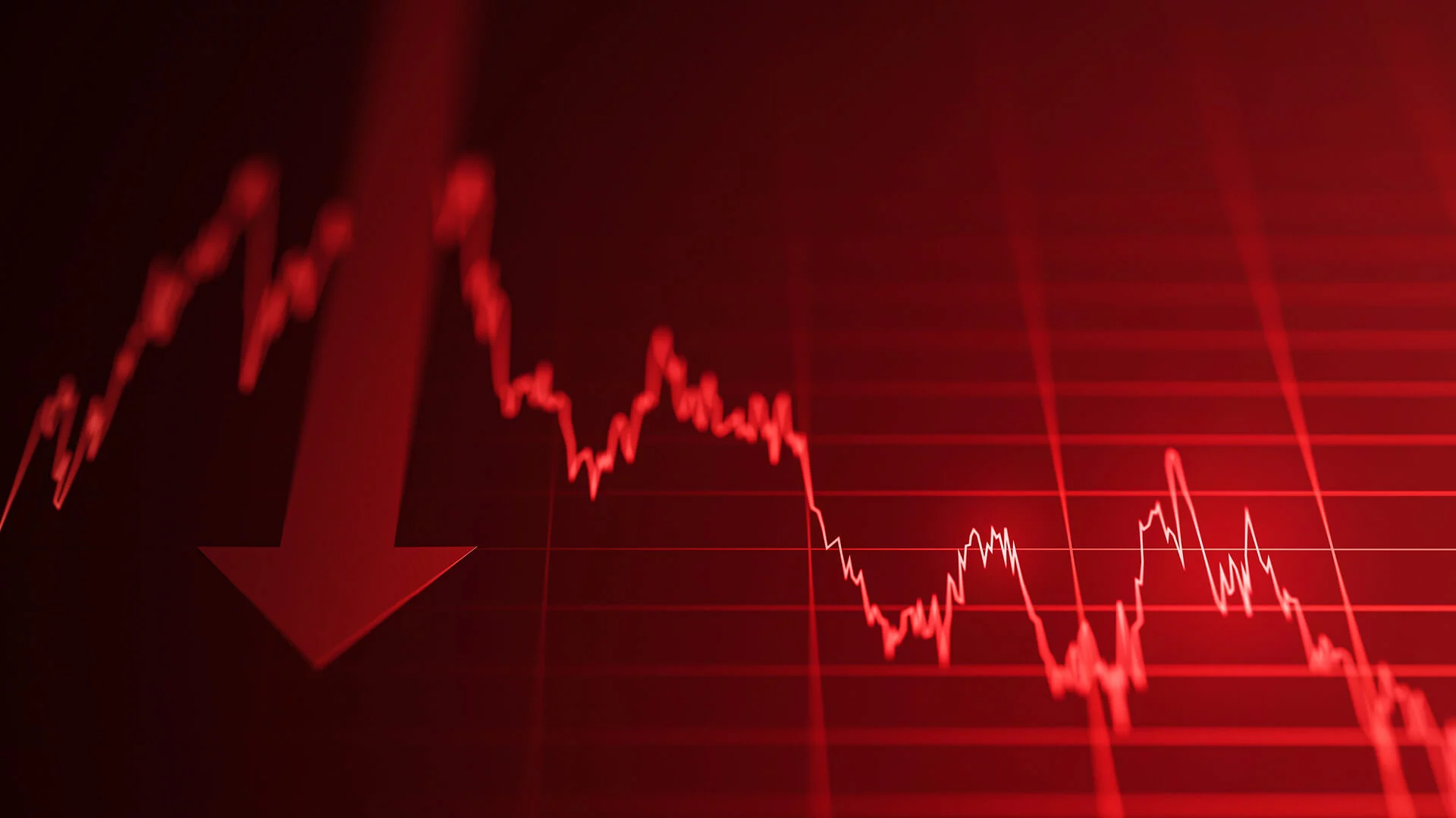 Red financial chart with fluctuating line graph