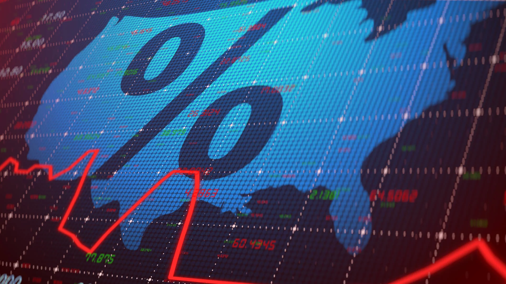 Giant percent symbol over U.S. on financial chart.