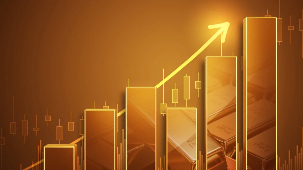 Golden bar chart with upward arrow.