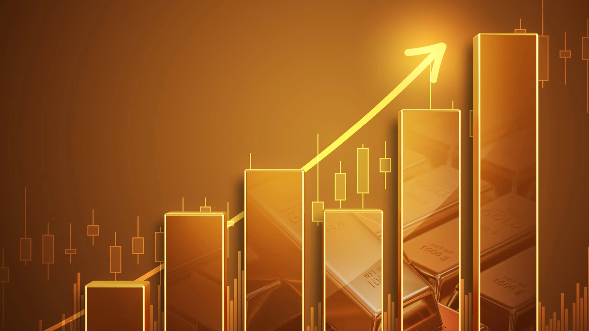 Golden bar chart with upward arrow.