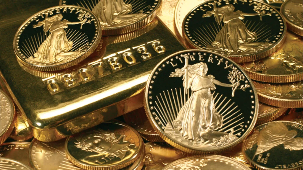 Gold coins and bars.