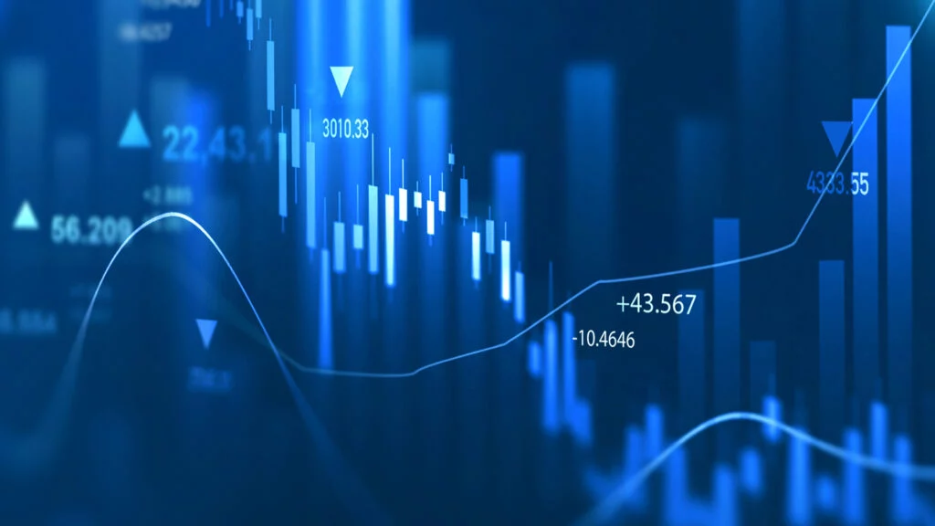 Blue financial data graph.