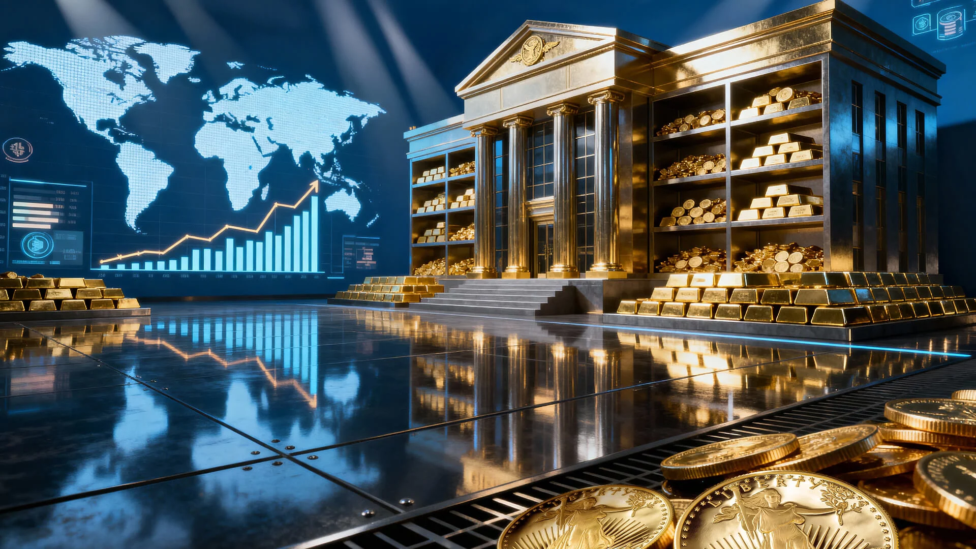 Gold filled bank with global financial chart.
