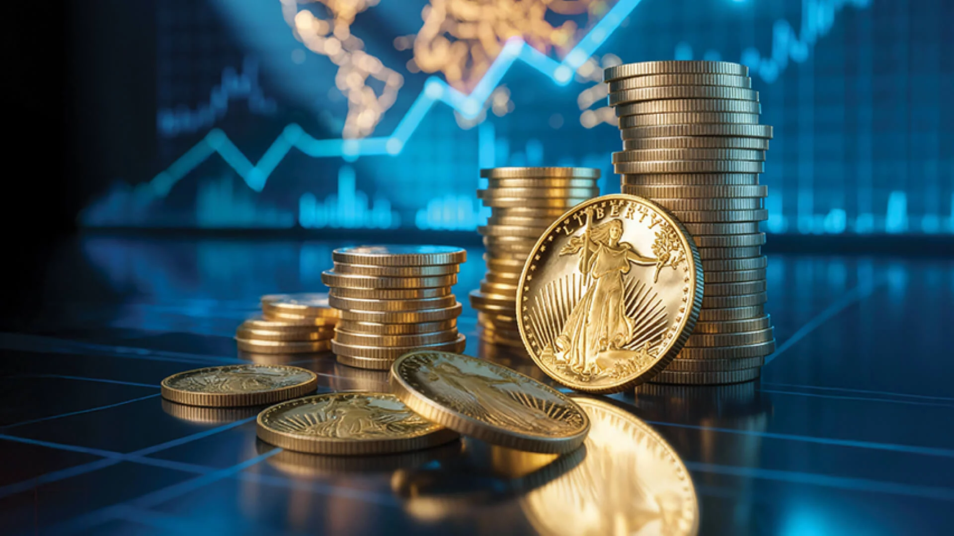 Gold coins stacked on global graph background Gold coins stacked on global graph background