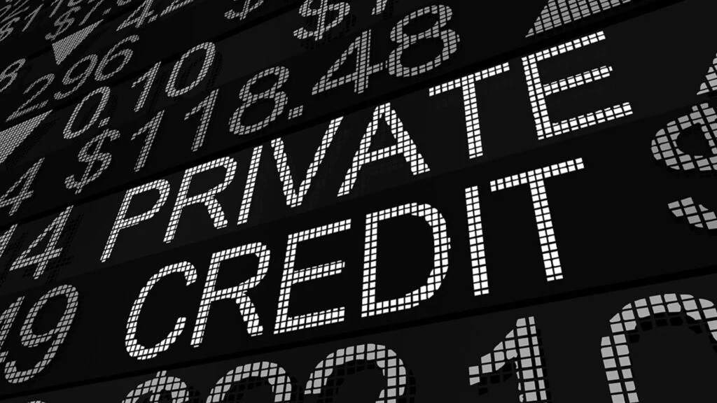 Digital screen displaying 'PRIVATE CREDIT' text