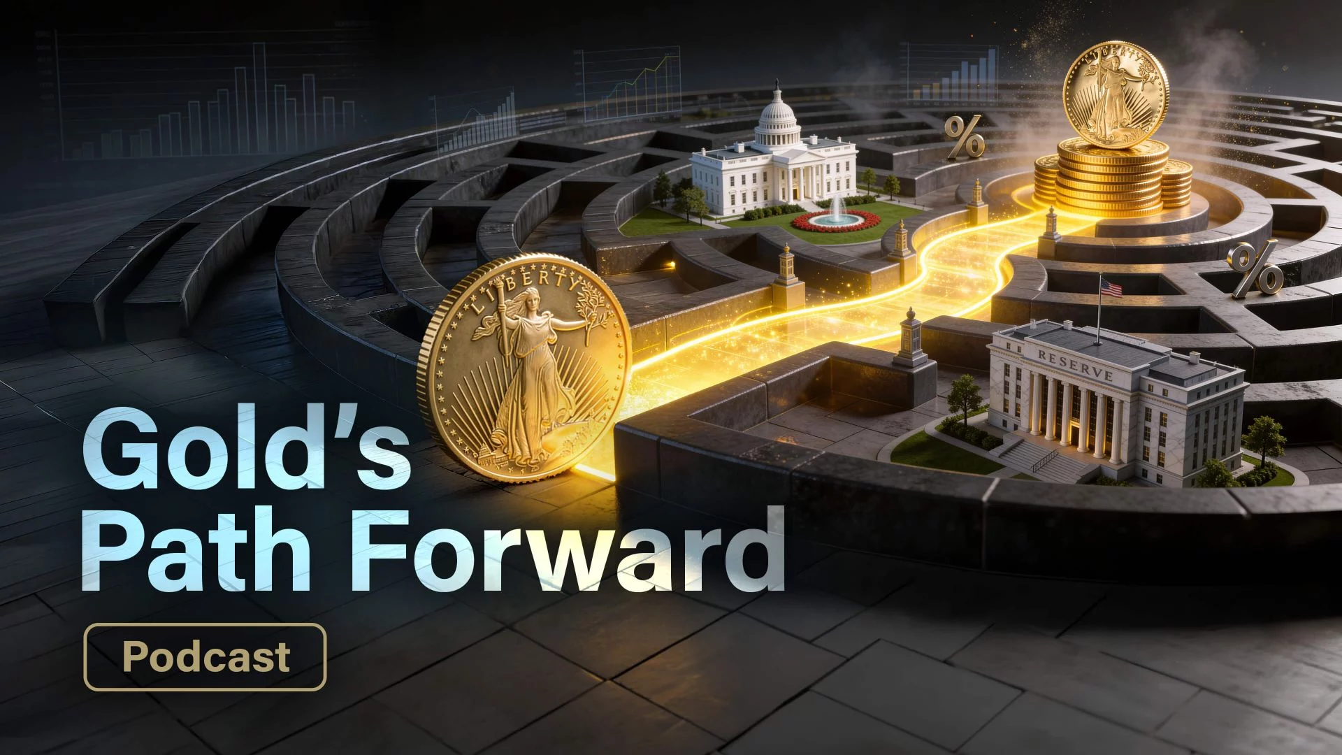 Text “Gold’s Path Forward: Interest Rates and the Bigger Picture” over an image of a gold coins in a maze with percent symbols and government buildings