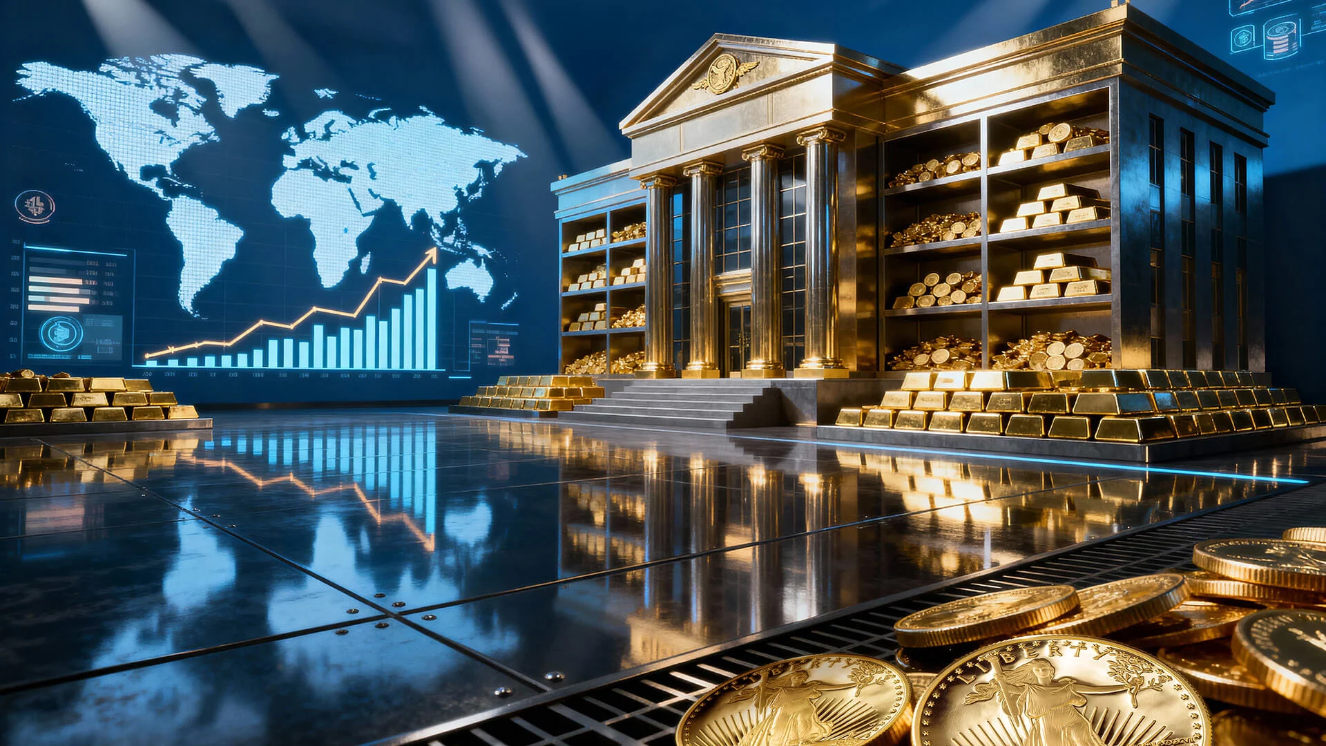 Golden bank with coins, graph, and world map