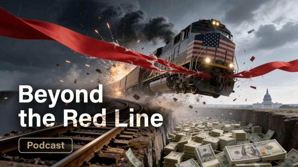 Text “Beyond the Red Line” over image of train breaking red ribbon and going off tracks over chasm filled with money with U.S. capitol in background