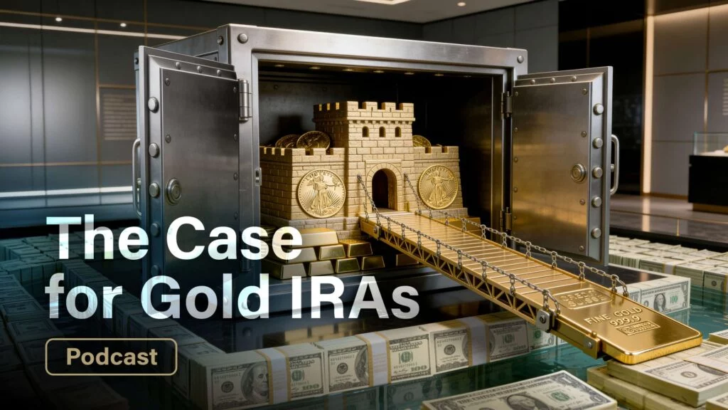 Text “The Case for Gold IRAs” over image of gold fortress in vault