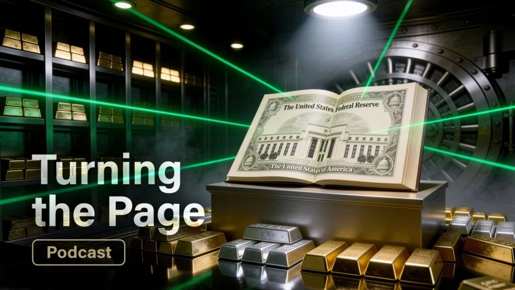 Text “Turning the Page” over image of vault with gold bars and book in center
