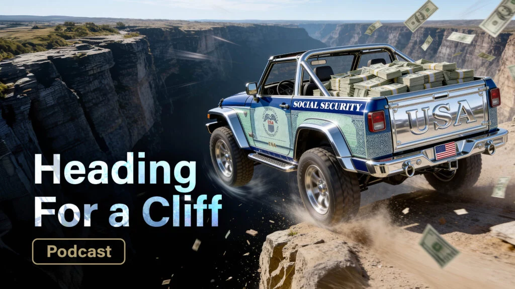 Text “Heading For a Cliff” over image of truck full of cash driving off cliff
