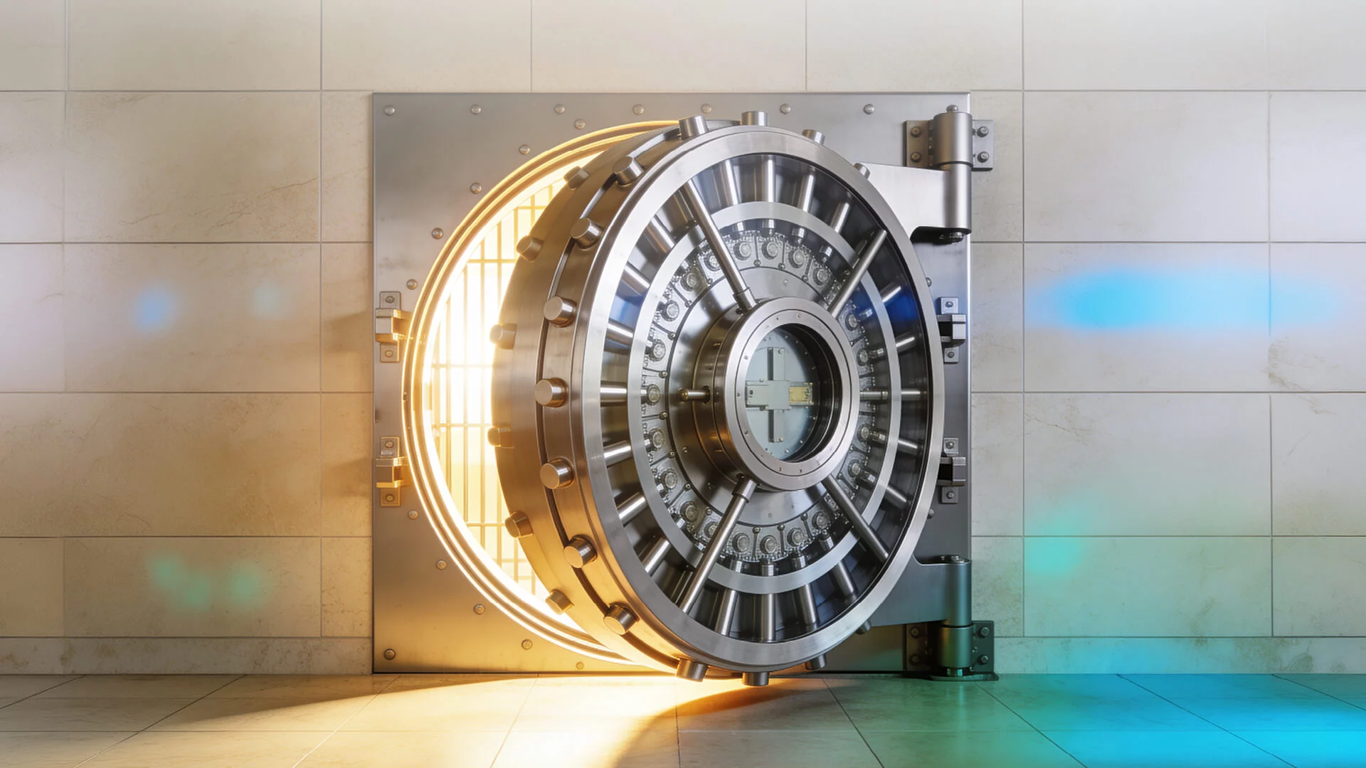 Open vault door with shining gold light
