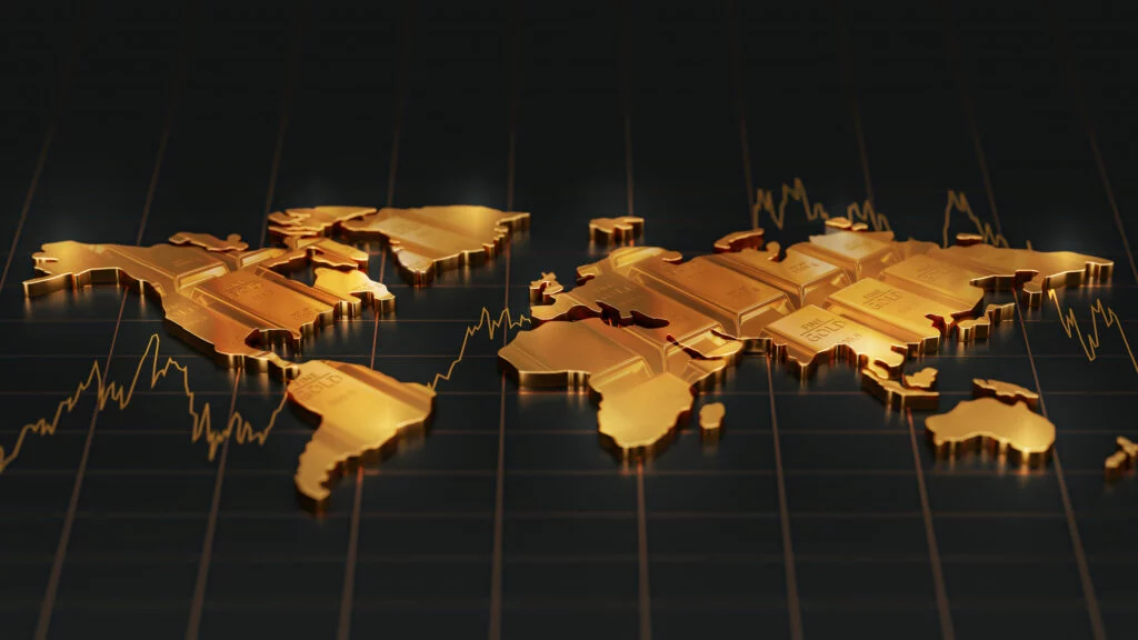 World map made of gold bars on black background