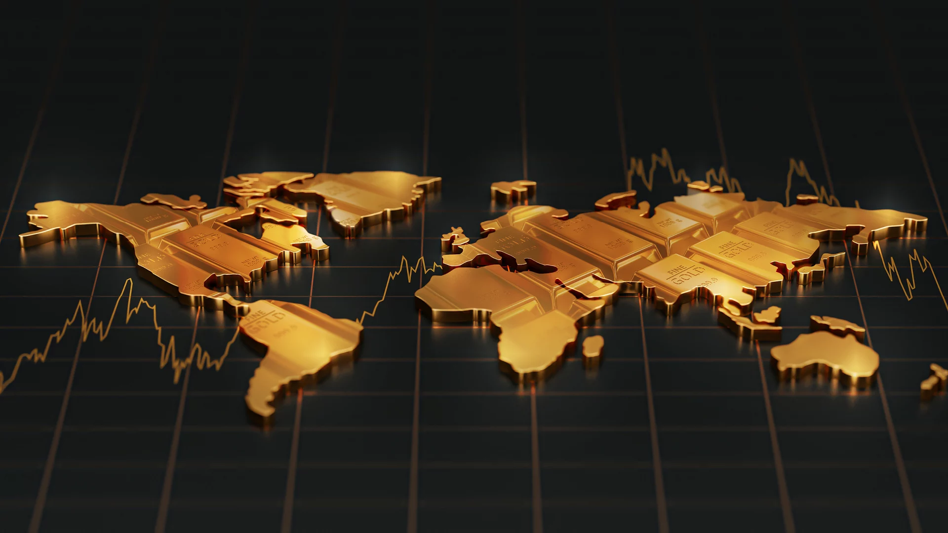 World map made of gold bars on black background