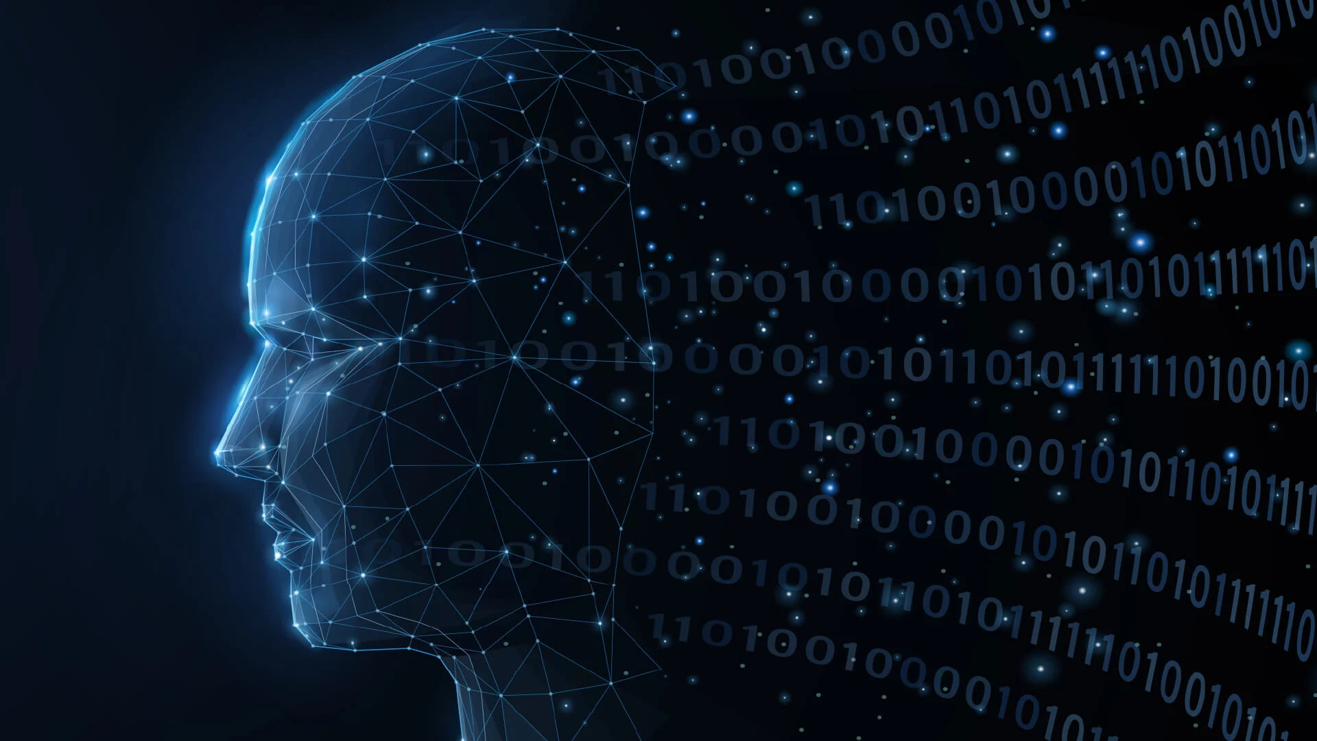 Digital human head with binary code overlay