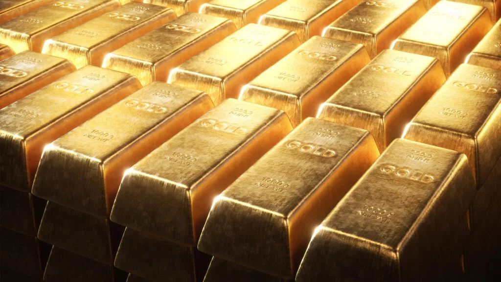 Rows of stacked gold bars