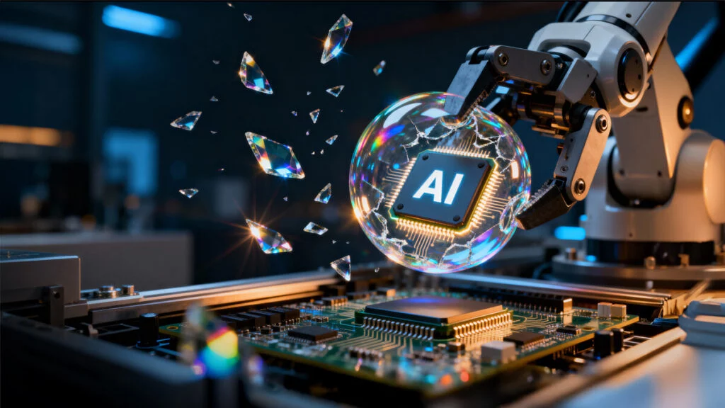 Robot arm bursting bubble holding AI chip over circuit board