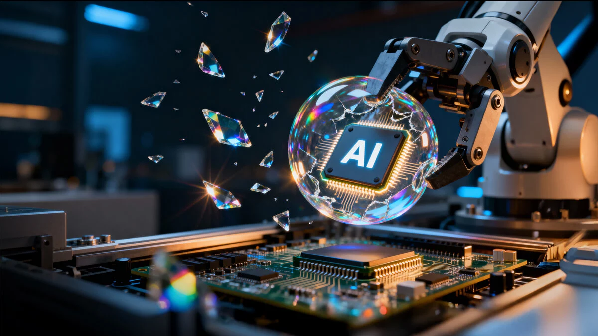 Robot arm bursting bubble holding AI chip over circuit board